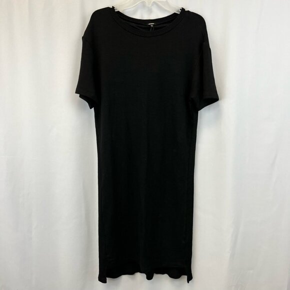 Monrow Womens T Shirt Dress Solid Black Crew Neck Short Sleeve Ribbed Knit S New - Picture 1 of 12